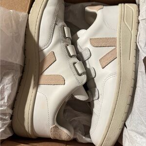 Veja V-Lock Velcro Leather Women's White and Sable Athletic Sneakers Size 10/41